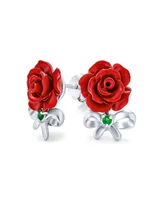 Bling Jewelry Delicate Floral Blooming Flower Emerald Green Cz Bow Ribbon 3D carved Red Rose Stud Earrings Sterling Silver