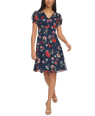 Calvin Klein Women's Printed Chiffon Tulip-Sleeve Dress