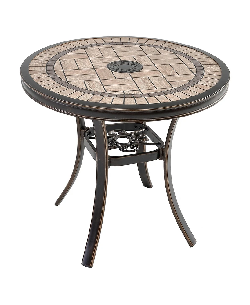 Mondawe 32" Round Aluminum Outdoor Patio Bistro Dining Side Table with Umbrella Hole, Brown