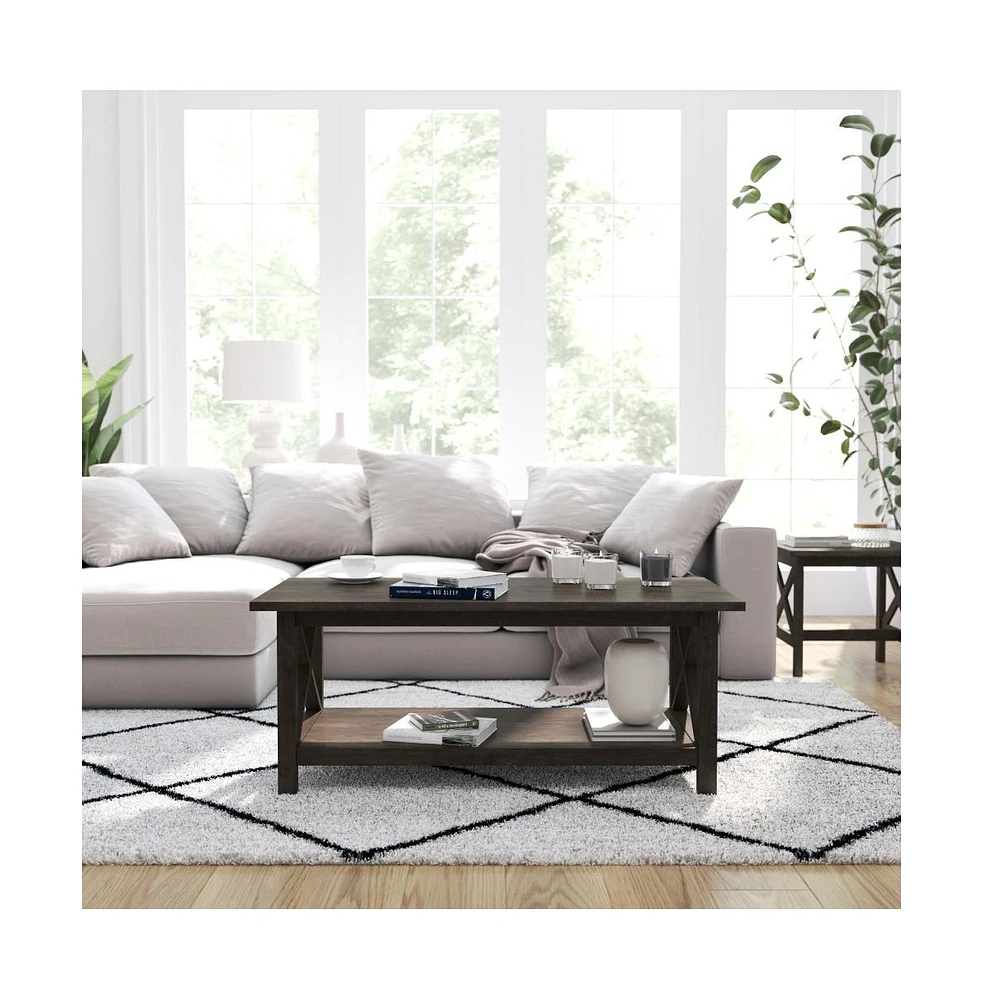 Matty Rustic Coffee Table With Lower Shelf, Farmhouse Style Solid Wood Accent