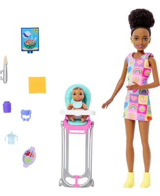 Barbie Skipper Babysitters Inc. and Play Set, Includes Doll with Black Hair, Baby, and Mealtime Accessories, 10 Piece Set