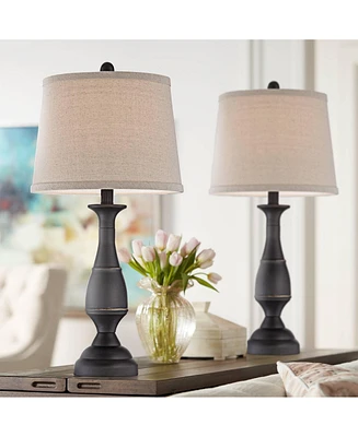 Ben Farmhouse Traditional Table Lamps 25" High Full Size Set of 2 Dark Bronze Brown Metal Beige Linen Drum Shade Decor for Living Room Bedroom Ho