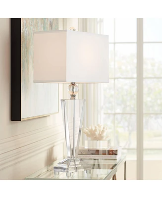 Trophy Traditional Art Deco Table Lamp 30 1/2" Tall Clear Crystal Glass Off White Rectangular Shade for Bedroom Living Room House Bedside Nightstand H