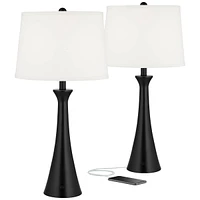 Karl Modern Table Lamps 28 1/4" Tall Set of 2 with Usb and Ac Power Outlet in Base Black Metal White Fabric Drum Shade for Bedroom Living Room Ho