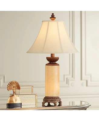 Traditional Table Lamp with Night Light 28.5" Tall Dark Bronze Cream Onyx Stone Column Off White Bell Shade Decor for Living Room Bedroom House B