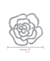 Bling Jewelry Large Fashion Statement Rose Flower Brooch Pin with Sparkling Crystals Silver Tone