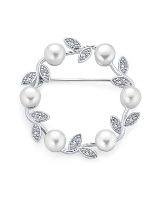 Bling Jewelry Elegant Classic White 7MM Freshwater Cultured Pearl Circle Leaf Scarf Brooch Pin Sterling Silver