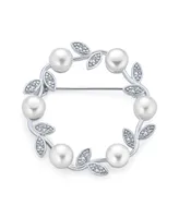 Bling Jewelry Elegant Classic White 7MM Freshwater Cultured Pearl Circle Leaf Scarf Brooch Pin Sterling Silver
