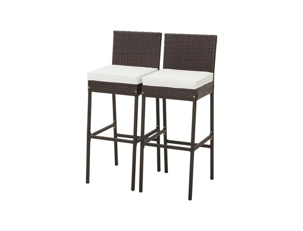 Set of 2 Patio Wicker Barstools with Seat Cushion and Footrest