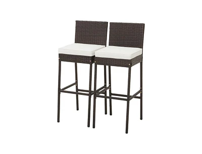Set of 2 Patio Wicker Barstools with Seat Cushion and Footrest