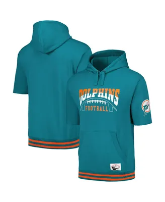 Men's Mitchell & Ness Aqua Miami Dolphins Pre-Game Short Sleeve Pullover Hoodie