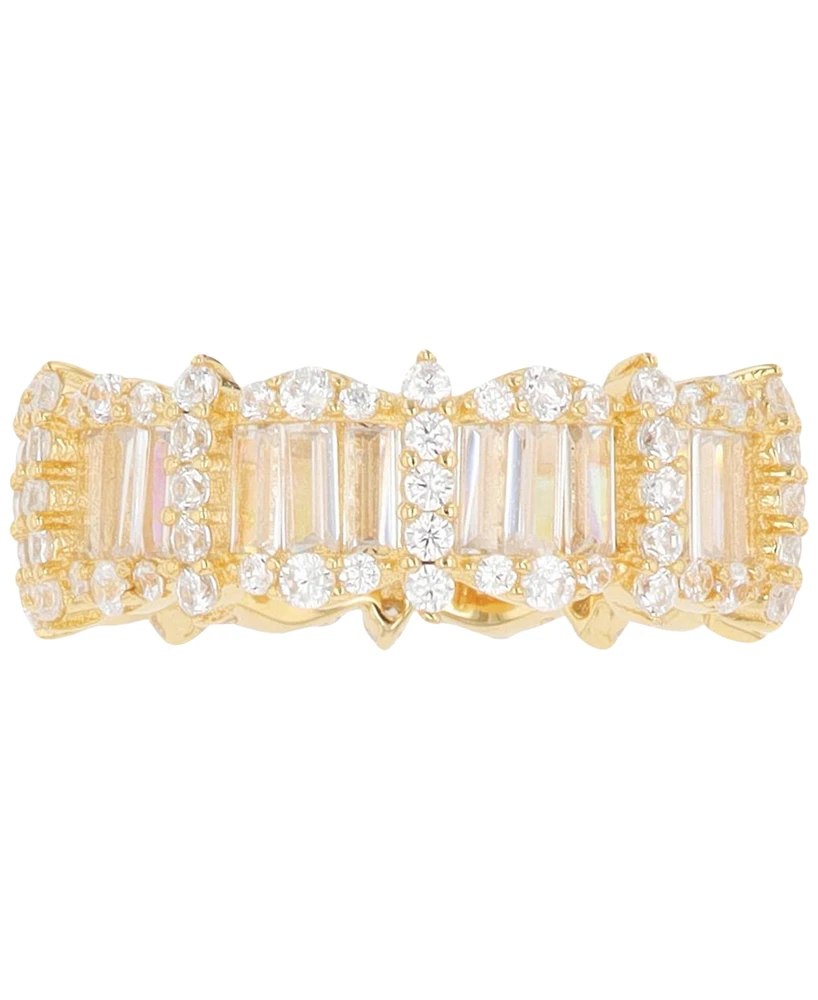 Cubic Zirconia Round & Baguette Horizontal Cluster Ring 14k Gold-Plated Sterling Silver