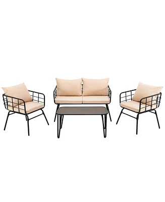 4 Pieces Patio Furniture Set with Seat Back Cushions for Garden