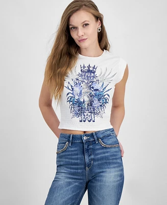 Guess Women's Smocked Embellished Graphic Tank Top