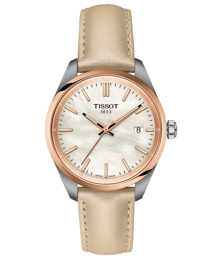 Tissot Unisex Swiss Pr 100 Cream Leather Strap Watch 34mm