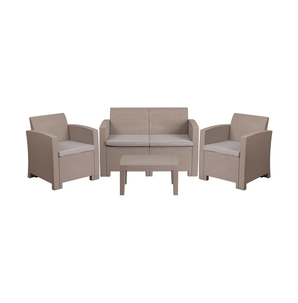 Ava 4 Piece Faux Rattan Patio Furniture Set With 2 Chairs And Love Seat With Removable Cushions And Table