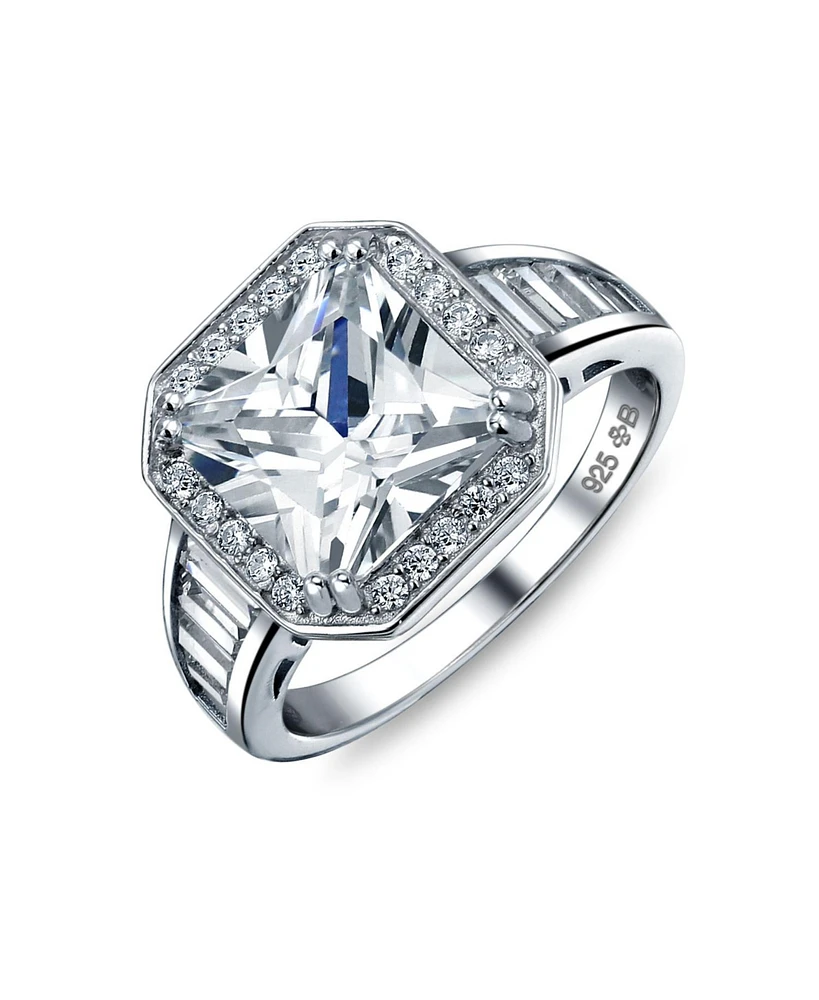Bling Jewelry Art Deco Style 5CT Cz Side Baguette Stones Halo Square Promise Solitaire Ring .925 Sterling Silver