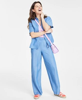 On 34th Womens Ribbed Scoop Neck Tank Top Short Sleeve Button Front Pocket Shirt High Rise Chambray Wide Leg Pants Created For Macys