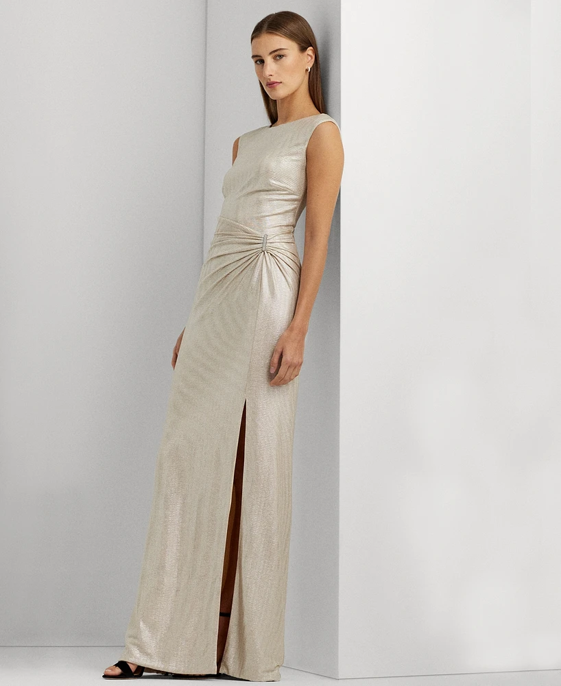 Lauren Ralph Metallic Sleeveless Side-Slit Gown