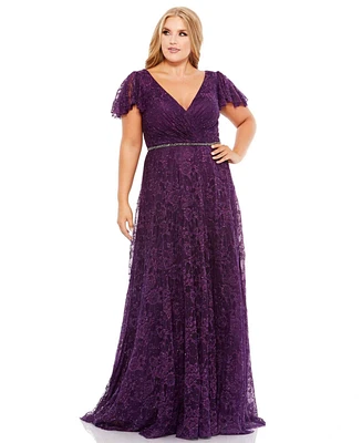 Women's Plus Size Embellished Flutter Sleeve Evening Gown