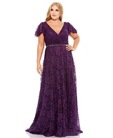 Women's Plus Size Embellished Flutter Sleeve Evening Gown