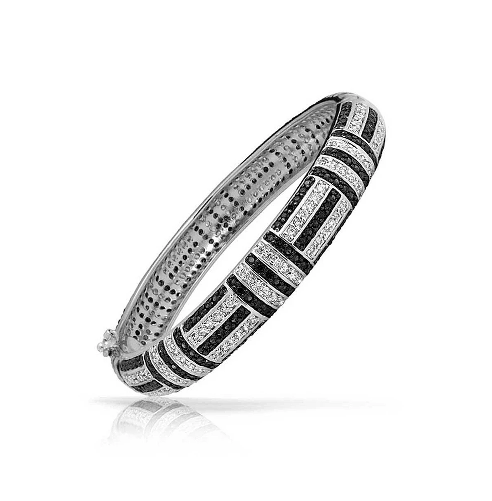 Bling Jewelry Geometric Art Deco Statement Cz Bangle Bracelet Rhodium Plated Brass