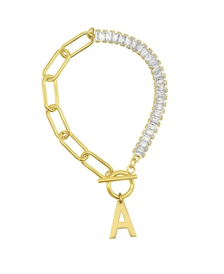 Adornia 14K Gold-Plated Half Crystal and Paperclip Initial Toggle Bracelet