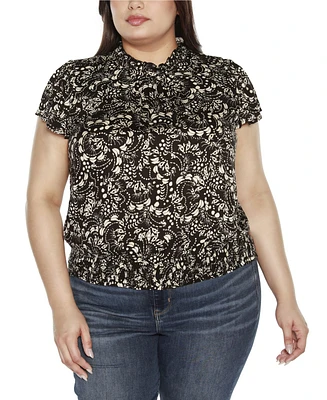 Belldini Black Label Plus Embellished Printed Cap-Sleeve Blouse