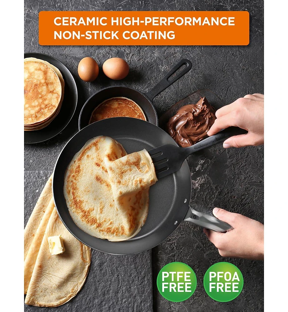 Commercial Chef 12" Carbon Steel Skillet, Non Stick Frying Pan with Ceramic Coating, Safe for Any Cooktop, Oven or Grill, Lighter and Cools Faste