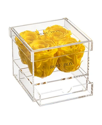 Rose Box Nyc Jewelry box of Bright Yellow Long Lasting Preserved Real Roses, 4 Rose
