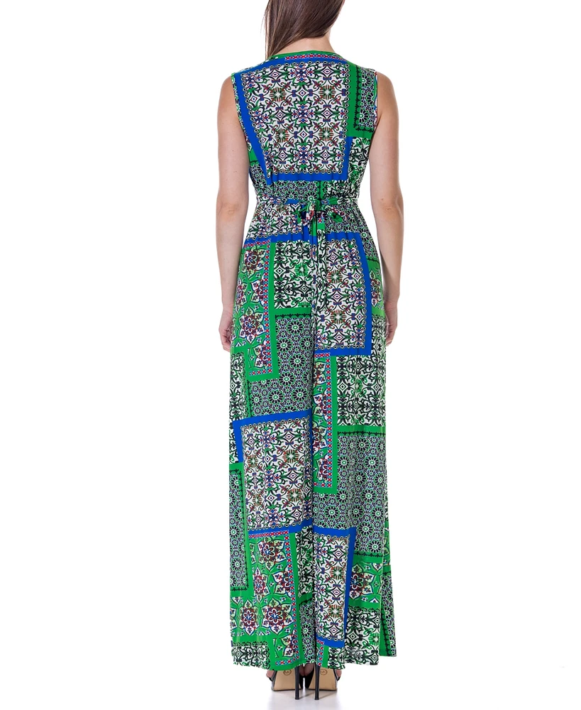 24seven Comfort Apparel Green V Neck Empire Waist Sleeveless Maxi Dress