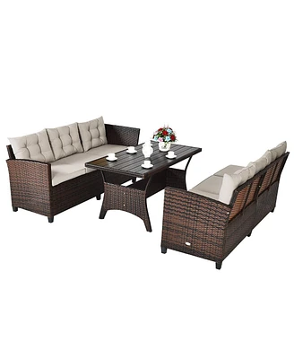 3 Pieces Hand-Woven Rattan Outdoor Sofa Set with Dining Table