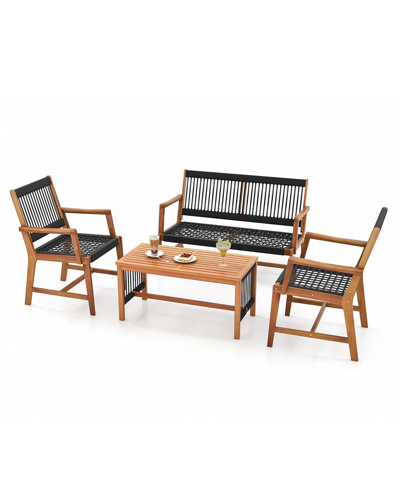 4 Pieces Acacia Wood Patio Conversation Table and Chair Set with Hand Woven Rope