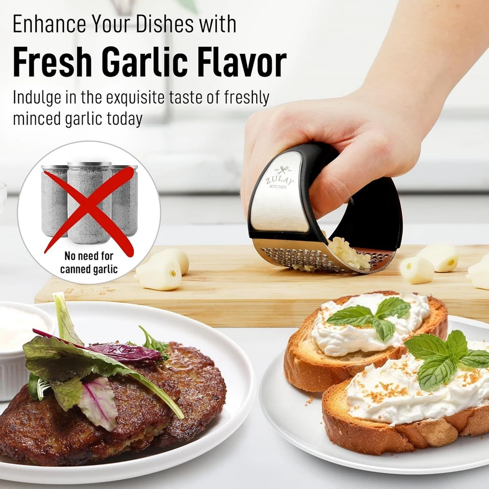 Stainless Steel Garlic Press Rocker Set - Premium Mincer Crusher with Peeler and Scraper