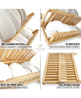 2-Tier Bamboo Collapsible Dish Drying Rack with Flatware Holder