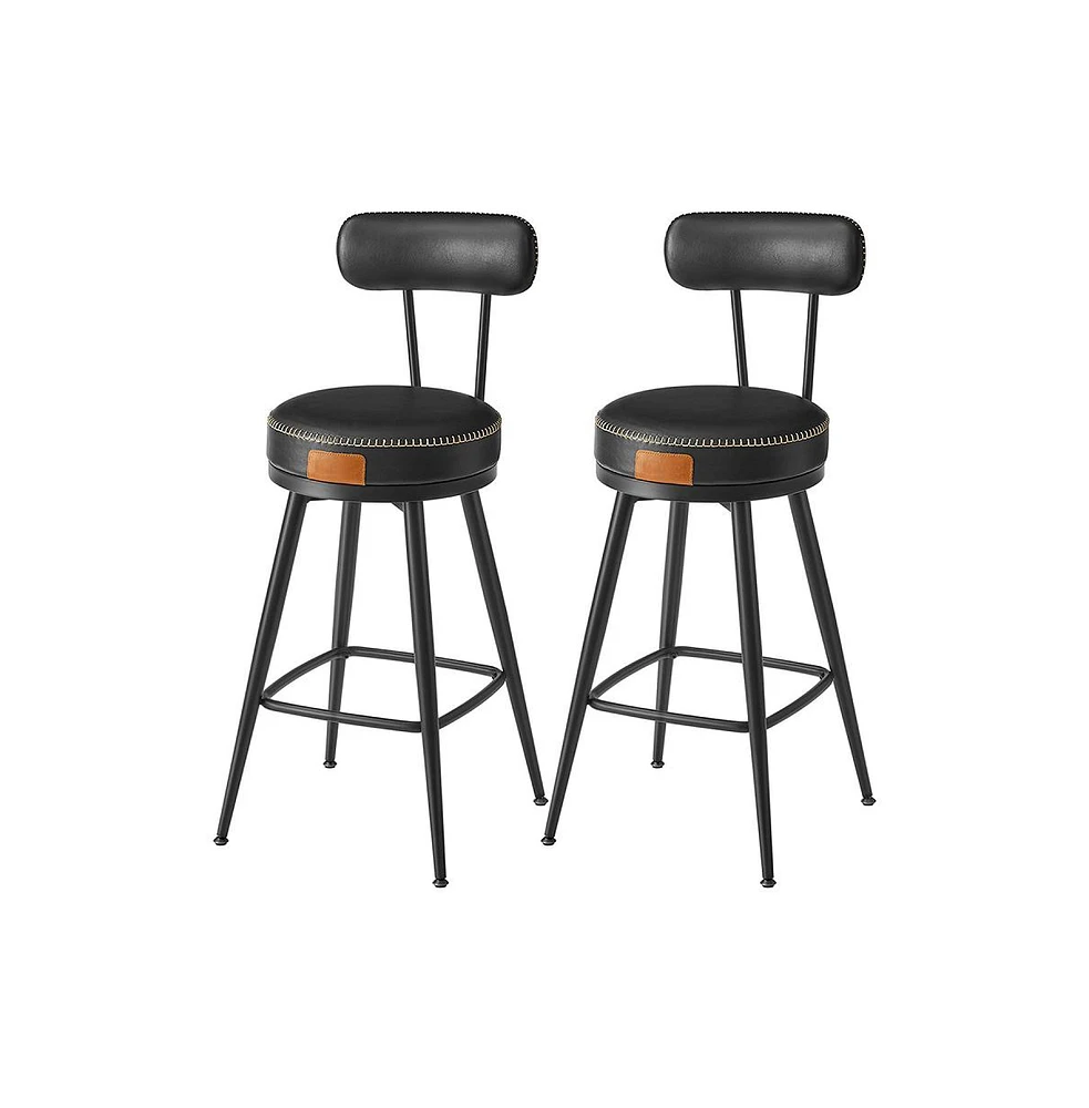 Set of 2 Swivel Bar Stools with Cushioned Backs and Faux Leather Upholstery