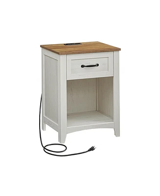 Farmhouse Nightstand with Drawer, Shelf, and Charging Station, Set of Bedside Tables