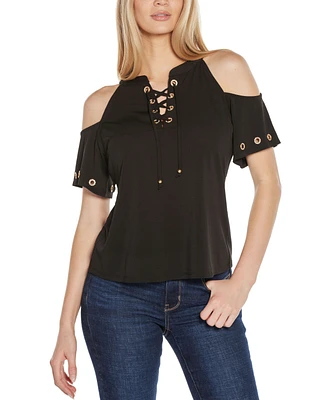 Belldini Women's Cold-Shoulder Grommet Trim Knit Top