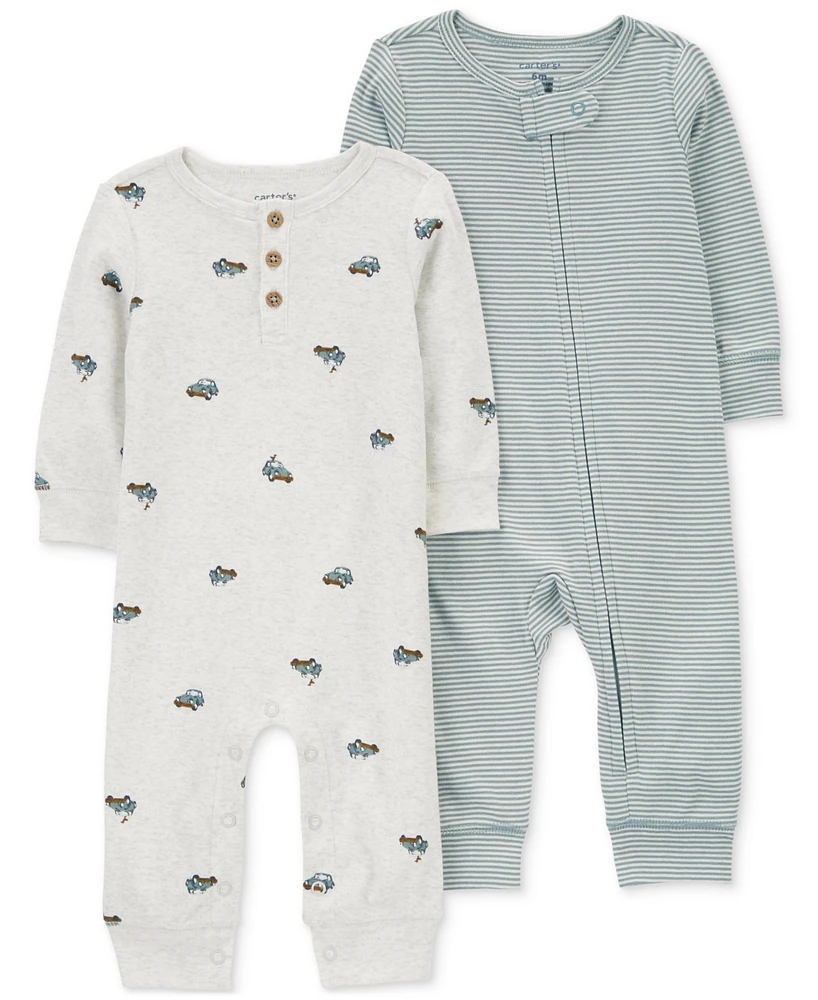 Carter's Baby Boys Car-Print Coverall & Striped Sleep & Play Coverall, Pack of 2