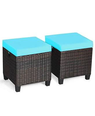 2 Pieces Patio Rattan Ottoman Seat with Removable Cushions
