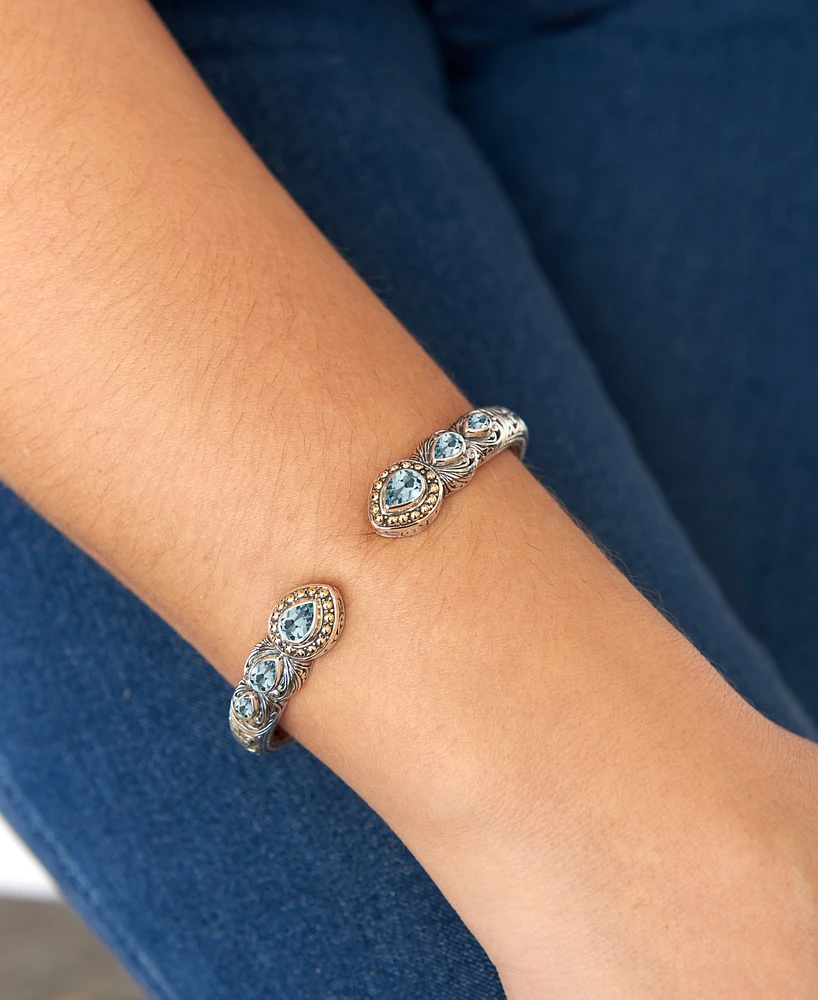 Devata London Blue Topaz & Bali Ubud Cuff Bracelet Sterling Silver and 18K Gold