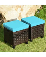 Gymax Set of 2 Patio Rattan Ottoman Footrest Garden Outdoor w/ Turquoise Cushion
