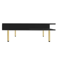 High gloss coffee table with golden legs and drawers, 2-tier center for living room