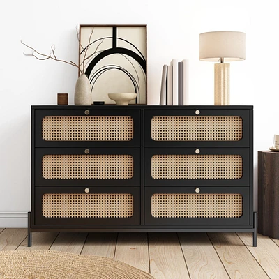 Modern Rattan Wood 6-Drawer Dresser & Storage Cabinet