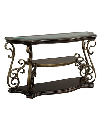 Sofa Table, Glass Table Top, Mdf with Marble Paper Middle Shelf, Powder Coat Finish Metal Legs