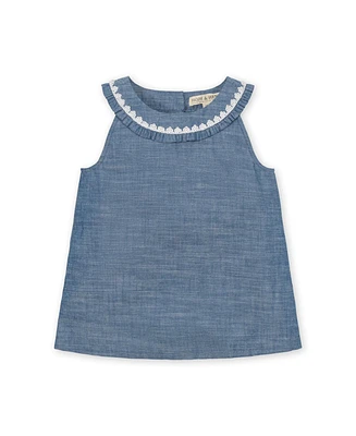 Hope & Henry Little Girls Sleeveless Ruffle Collar Chambray Button Back Top