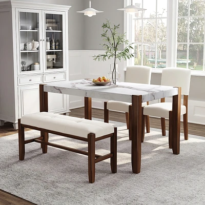 Modern 4-Piece Dining Set - Faux Marble Table, 2 Chairs & Bench