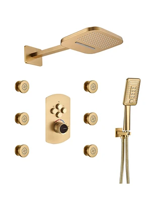 Mondawe Pressure Balanced 3 Functions 6 Sprays 22 Inch Wall Mounted Shower System with Body Jets and Rough-in Valve Brushed Nickel