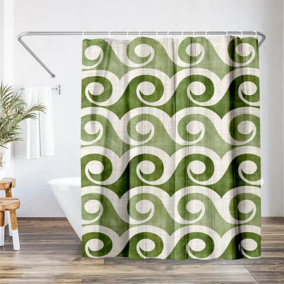 71x74 Coastal Shower Curtain - Retro Waves In Green by Modern Tropical