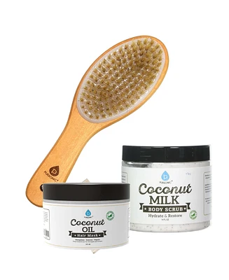Pursonic Bath Body Brush With Lotus Wooden Handle & Coconut Care Bundle